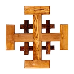 Duży Krzyż Jerozolimski do powieszenia 28 cm x 28 cm - ręcznie wykonane z drewna oliwnego z Betlejem